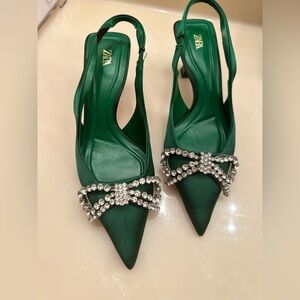 Zara green satin slingback kitten heels. Size 6.